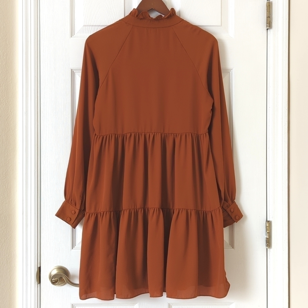 Sam and Jess Ruffle Tiered Long Sleeve V-neck Mini Babydoll Swing Dress Rust S - Picture 12 of 13